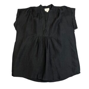 BECASA Lagenlook Black 100% Linen Split V-Neck Cap Sleeve Relaxed Top Size M